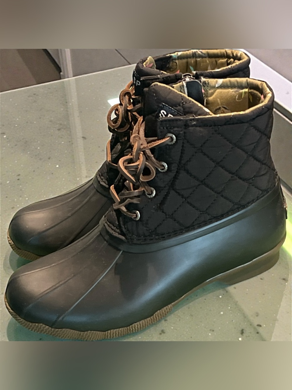 Sperry Salt Water Quilted Black Duck Boots with Brown Laces